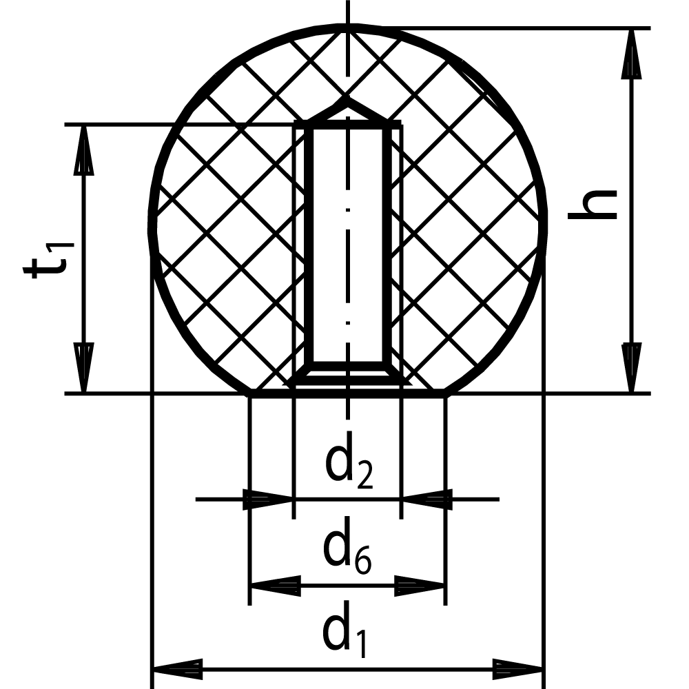 Ball knob DIN 319 PF version E made from plastic with threaded bush of