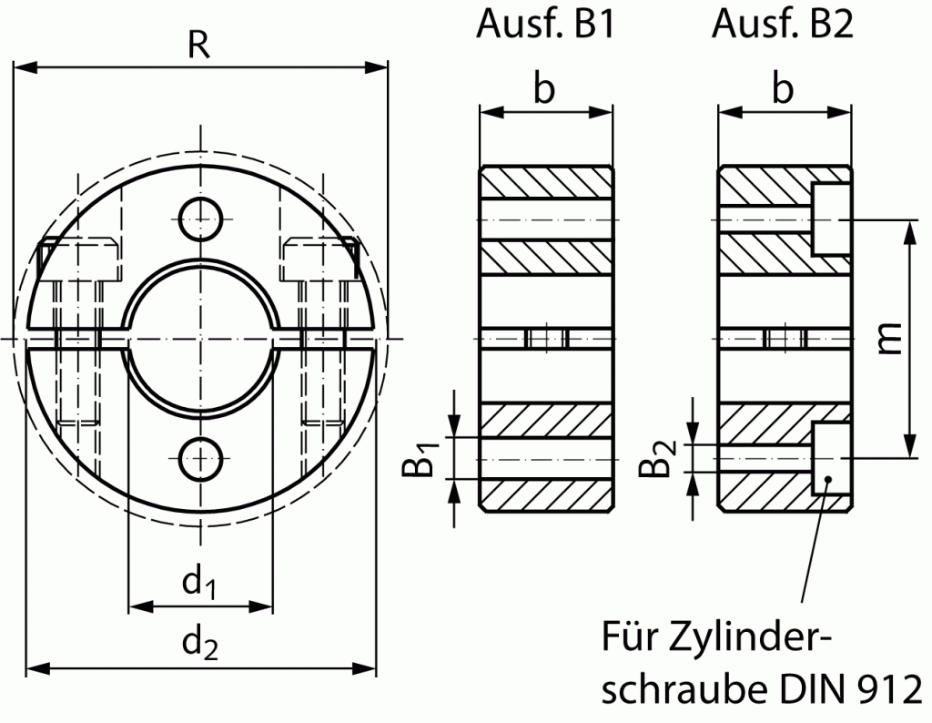 Clamp collar doublesplit steel C45 black oxide finished bore 30mm with bolts DIN 912 12.9 type