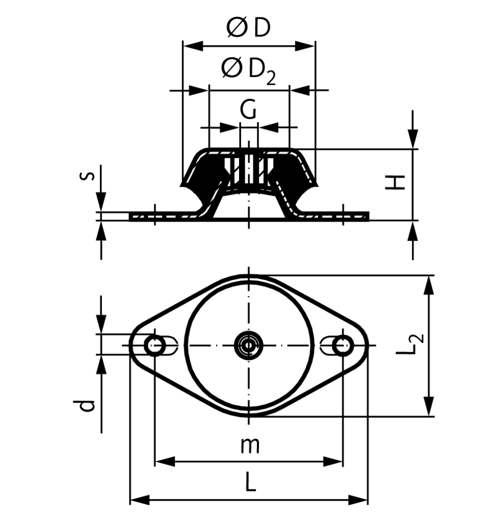 Machine mount failsafe diameter 48mm height 23mm thread M8 oval flange