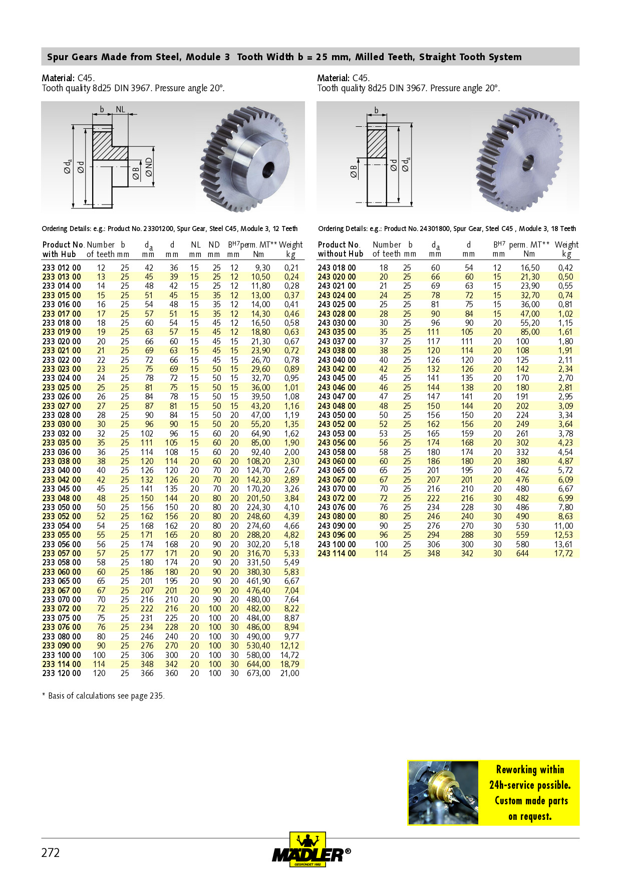 Spur gear made of steel C45 with hub module 4 14 teeth tooth width