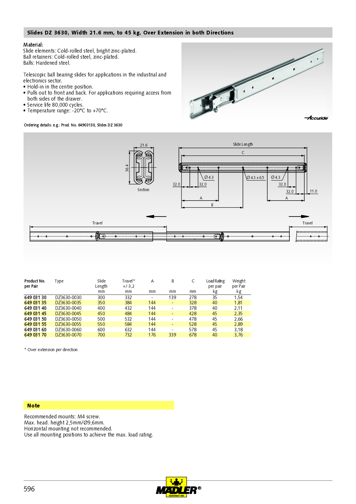 Slide set DZ 2642 slide length 550mm zinc plated PN: 64900855