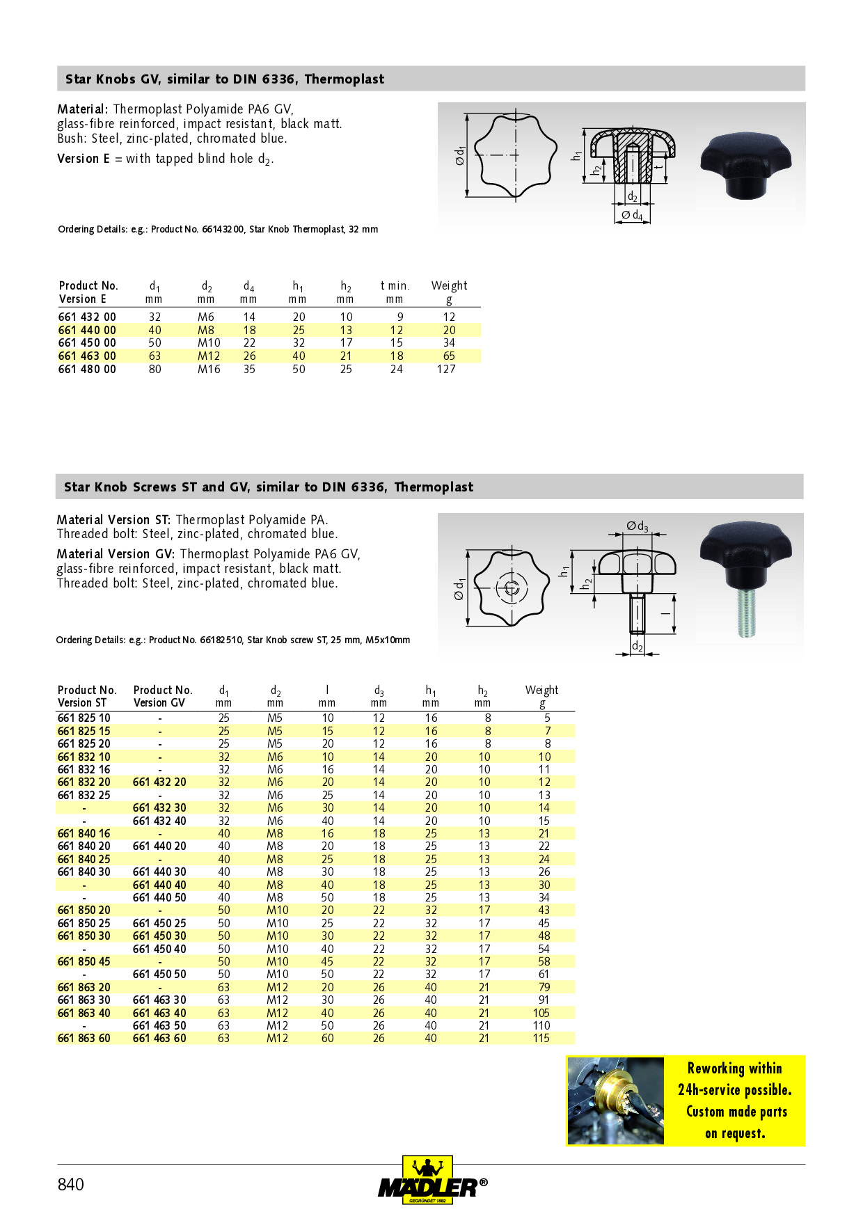 Star knob screw 5334 stainless steel diameter 60mm thread M12 x