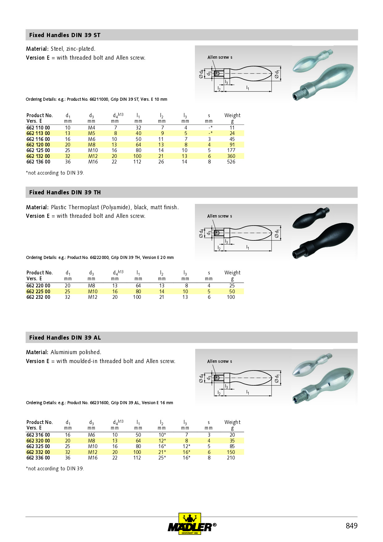 Fixed handle made from steel DIN 39 St diameter 13mm type E with