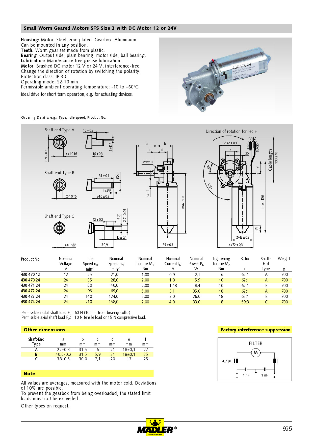 Miniature worm gear motor SFS Gr. 2 with DC-motor 24V i=62:1