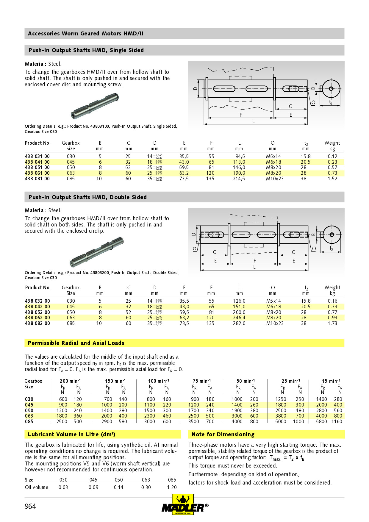 Output shaft single-sided for worm geared motor HMD/I and HMD/II